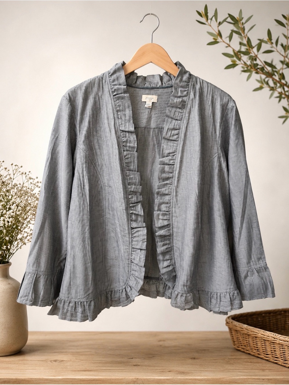 Chico's blue Ruffled Open Front Jacket size 3/16
